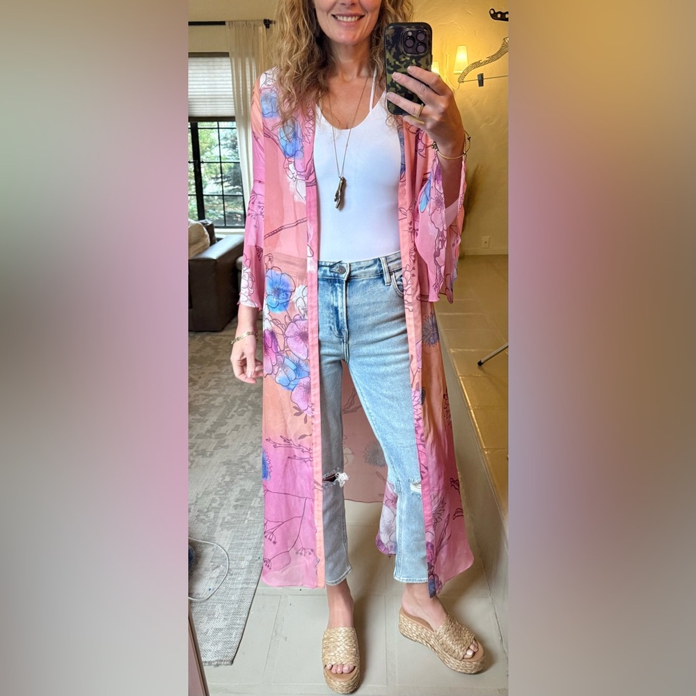 Anya Maj 100% Silk Floral Pink Kimono Cardigan